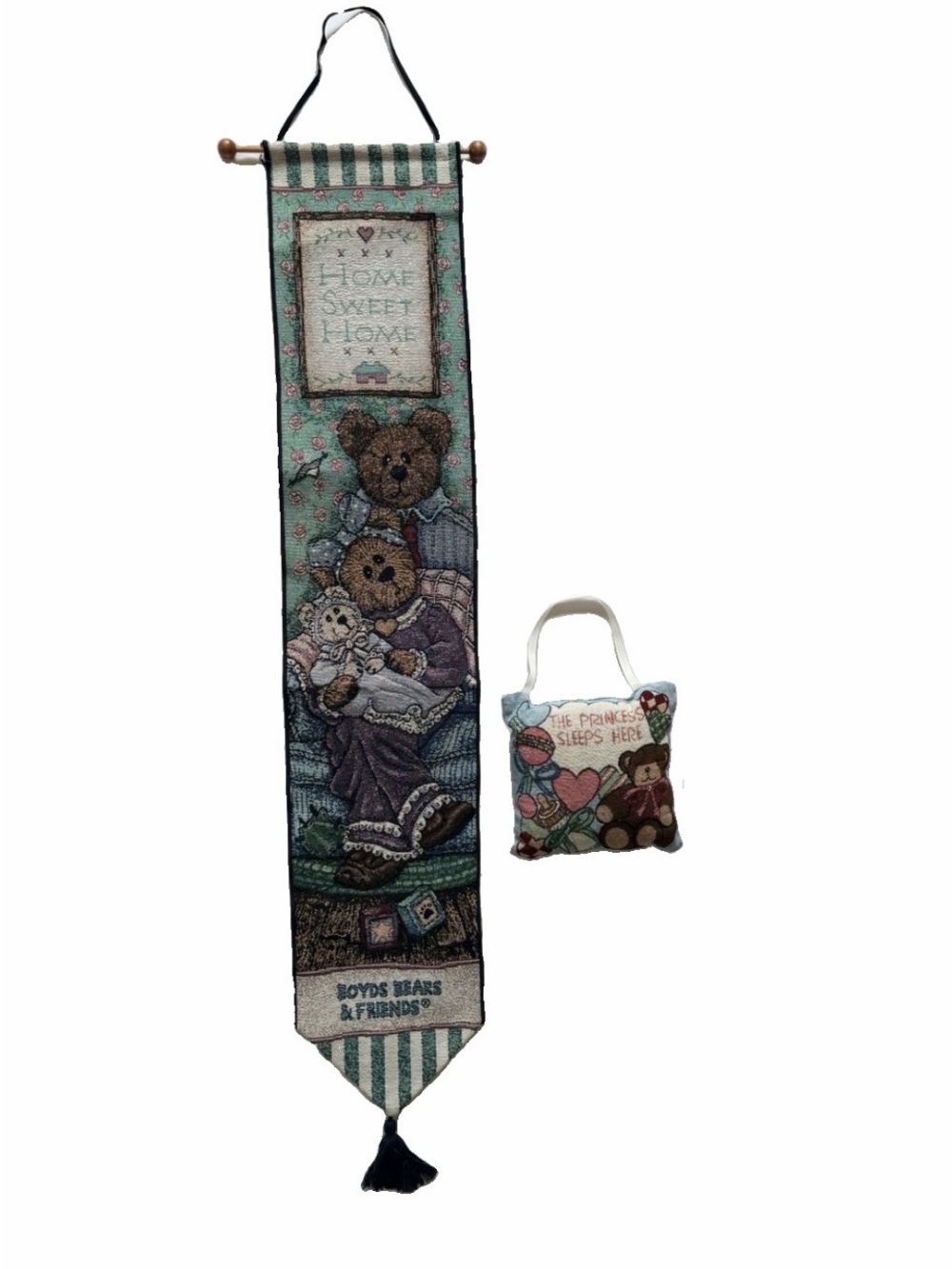 Vintage Boyds Bears Woven Tapestry Wall Hanging Banner Home Sweet Home Pillow